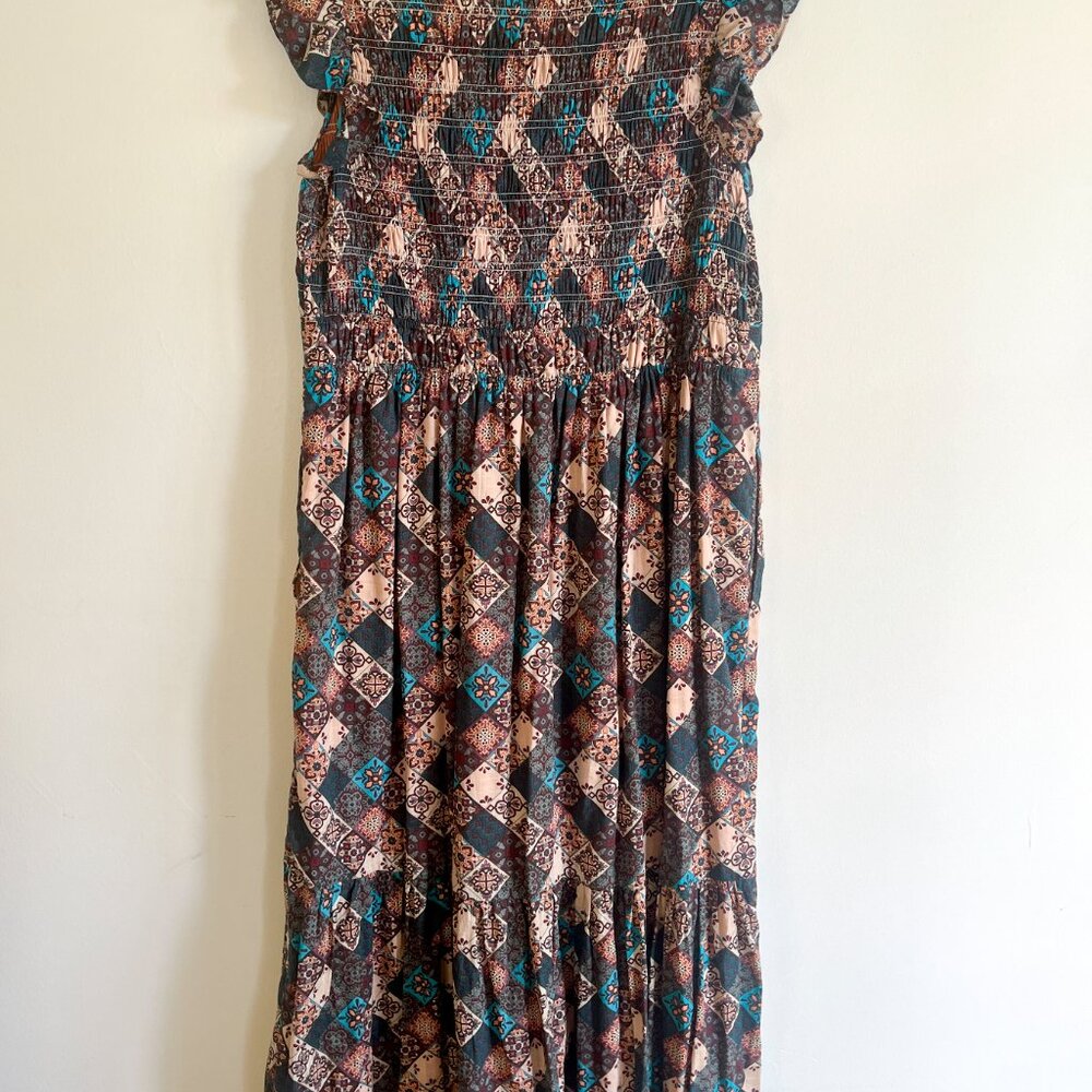 Anthropologie Smocked Ruffle Peregrine Midi Dress Turquoise Patch XL - Picture 5 of 14